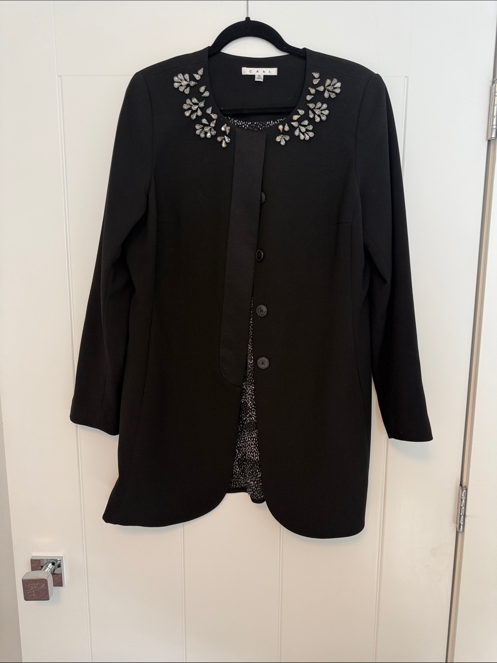 CAbi Symphony Black Longline Blazer with Crystal Embellished Collar